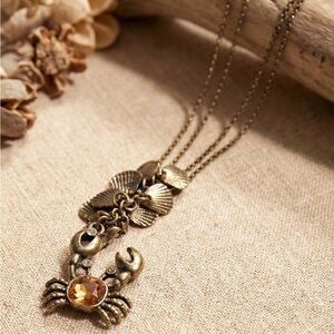 Vintage Nautical Bronze Crab & Shells Charm Necklace - Rhinestone Detail